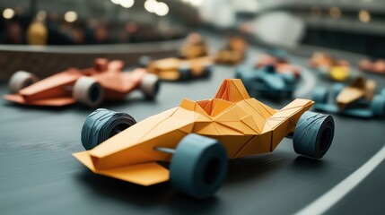 Fototapeta premium Close-up view of origami paper models of race cars on a track with a blurred background, showcasing vibrant colors and geometric shapes.