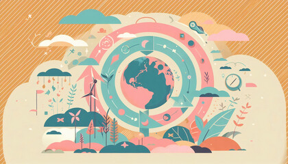 Artistic illustration of a globe surrounded by nature icons and eco-friendly elements, symbolizing global environmental awareness and sustainable practices