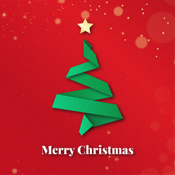 Paper cut Christmas tree on a red background. Banner, card, packaging, background for Christmas and New Year. Vector illustration