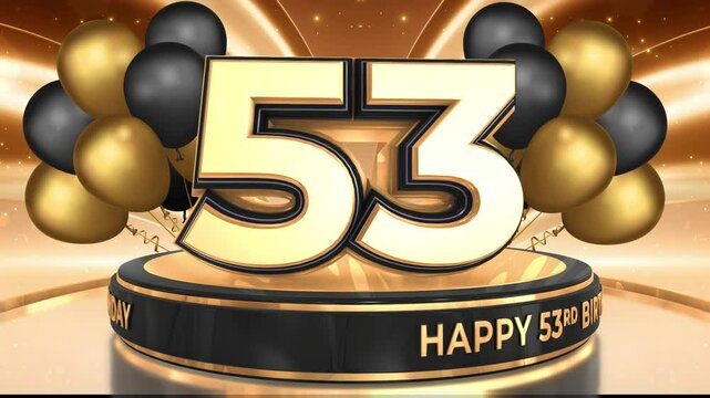 53 years, 53rd birthday loop, looped video background, backdrop in 3D Gold with balloons
