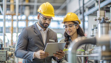 Two India engineers in hard hats and safety glasses inspecting and operating machinery in an industrial plant.