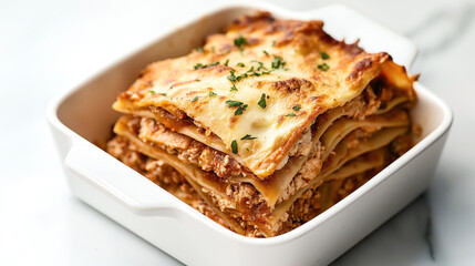 Close-up of homemade lasagna in a white ceramic baking dish with layers of pasta, meat sauce, and melted cheese garnished with herbs