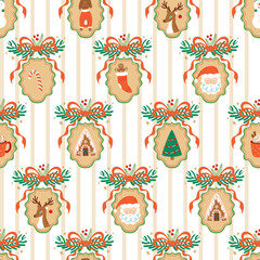 Coquette Christmas seamless pattern with bow, ribbon, cute winter holiday elements. Vector striped grandmillennial print with vintage cameo brooch, Santa, reindeer, gingerbread house, Christmas tree.