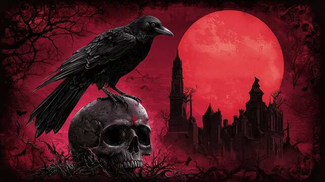 A creepy Halloween T-shirt mockup with a large, detailed raven perched on a skull, with gothic lettering spelling out 'Nevermore' in the background.