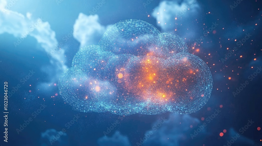 Poster digital data streams migrate into a cloud, illustrating advanced file management and cloud storage s