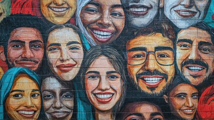Vibrant mural featuring diverse group of smiling adults various ethnicities and genders