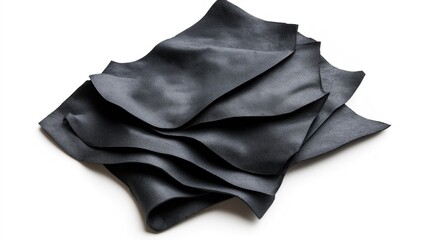 Fototapeta premium A stack of black leather fabric pieces layered on top of each other, showcasing texture and flexibility, isolated on a white background.