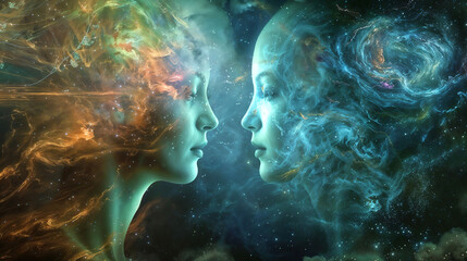 Cosmic telepathy visualization. Ethereal connection between twin spirits. Astral plane communication portraying universal consciousness and psychic bond for the background of abstract wallpaper