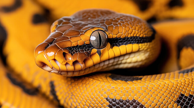 Close-up image of a vibrant orange and black patterned python with detailed scales and a focused eye.
