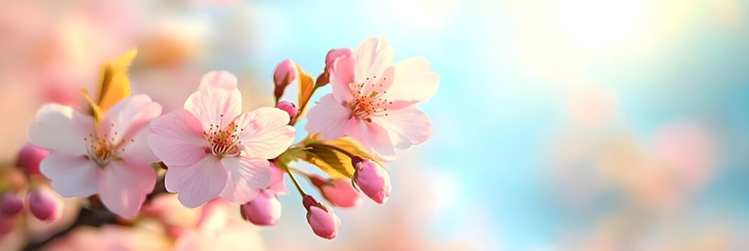 Blooming cherry tree in spring under clear sky A majestic cherry tree in full bloom, its delicate pink petals dancing in the warm spring breeze. banner