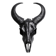 A black evil cow skull with long curved horns on an isolated background