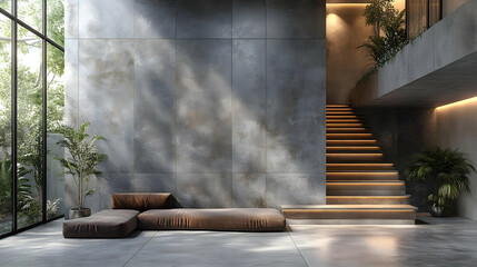 Modern interior space with a cozy lounge area and staircase.