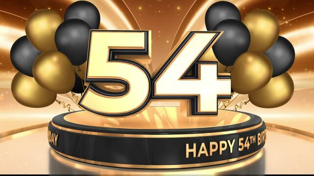 54 years, 54th birthday loop, looped video background, backdrop in 3D Gold with balloons
