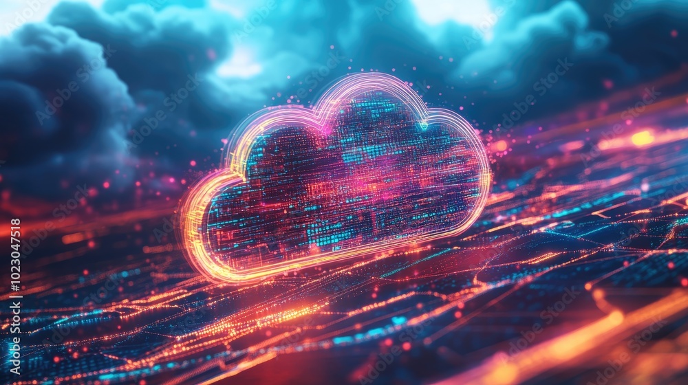 Poster glowing data streams flow into a digital cloud, representing seamless data migration and cloud compu