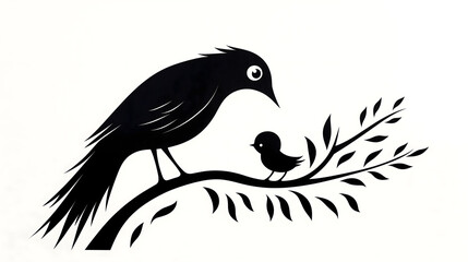 Obraz premium Bird mother and baby on branch, black and white vector style
