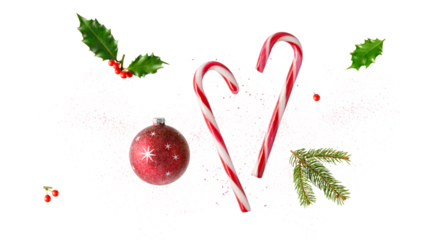Red white candy canes, glitter christmas ball, holly berry and fir branch isolated on white background with spakles. Merry Christmas decoration.