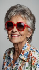 Naklejka premium Elderly woman with red round sunglasses and floral blouse, smiling cheerfully