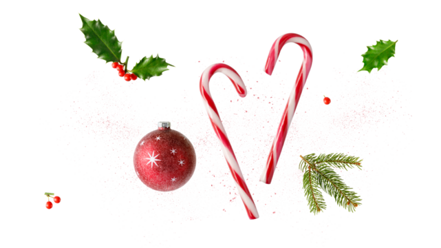 Red white candy canes, glitter christmas ball, holly berry and fir branch isolated on white background with spakles. Merry Christmas decoration.