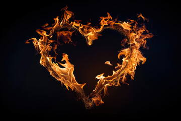Fiery Heart of Passion: A mesmerizing image of a heart shape formed by vibrant flames against a stark black background. This symbolic image evokes strong emotions, perfect for expressing love.