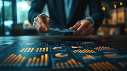 A business professional examines various financial charts and graphs on a desk in a modern office, focusing intently on data analysis