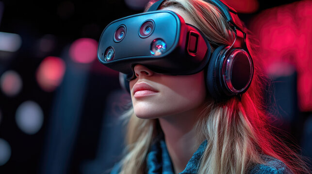 The young woman is fully engaged in a virtual reality experience, wearing a VR headset and headphones in a lively gaming center