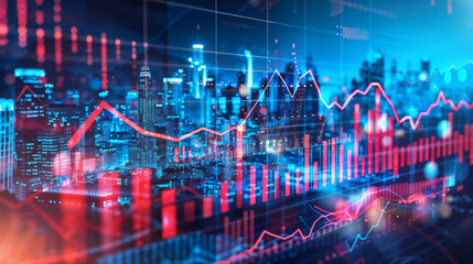 Futuristic cityscape with financial data overlay. Urban skyline illuminated by neon lights, blended with stock market graphs and economic indicators in vibrant colors. Background for a wallpaper