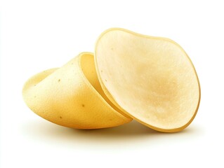 Thin stacked potato crisps isolated on white background.