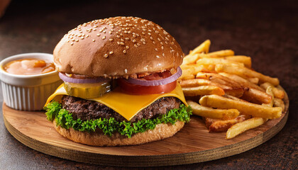 Burger With Cheese And French Fries.