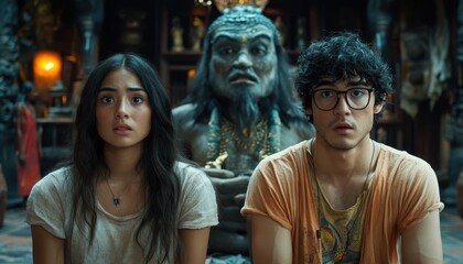 A suspenseful moment in a dark temple with two characters during an adventure film