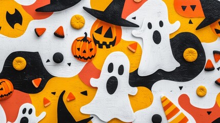 A graffiti-style Halloween mural with cartoonish witches on broomsticks, spooky ghosts, and vibrant candy corn, splashed across a weathered city wall.