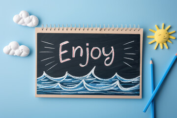 Enjoy Summer Vibes: Chalkboard with ocean waves and sun drawing, evokes summer fun and relaxation. 