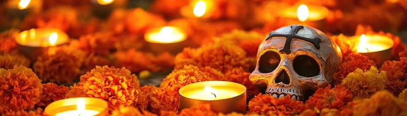 A vibrant display of marigold flowers and candles surrounding a decorative skull, symbolizing Dia de los Muertos festivities.