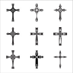 Christian cross vector icon symbols.  Abstract christian religious belief or faith art illustration for orthodox or catholic design. The symbol of the cross in various designs used in tattoo.