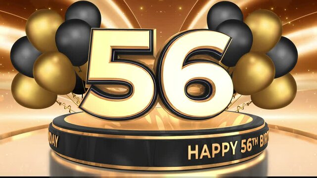 56 years, 56th birthday loop, looped video background, backdrop in 3D Gold with balloons
