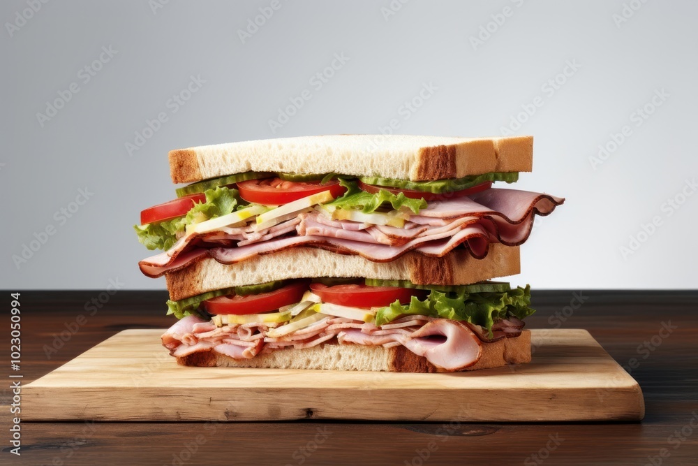 Wall mural Ham sandwich table food wood.