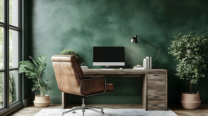 Cozy office space with a desk, computer, and plants.