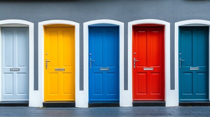 A row of colorful doors on a grey building.