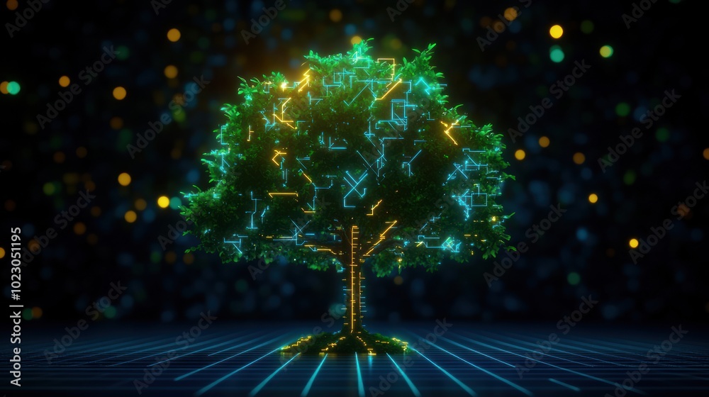 Poster digital tree representing technology and nature in harmony