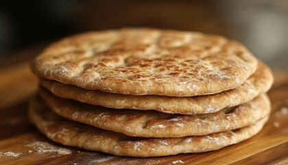 Whole wheat pita bread on a wooden board, highlighting its healthy texture and golden color