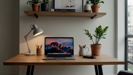 Sleek Office Design: Minimalist Workspace Featuring Laptop, Decorative Plants, and Stylish Accessories