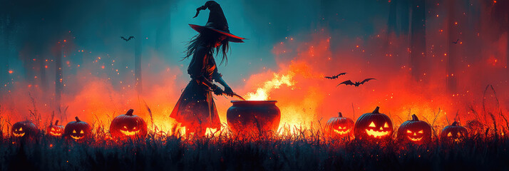 A witch stirs a cauldron, creating a glowing potion, with carved pumpkins and bats in a mystical, misty forest at twilight