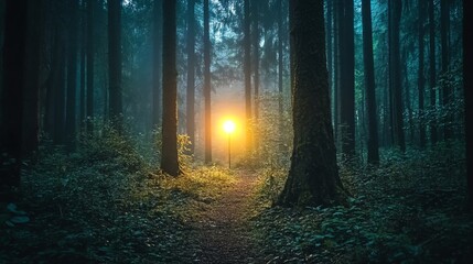 Obraz premium A path through a misty forest, illuminated by a single glowing light.