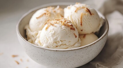 A close-up of coconut ice cream scoops in a bowl, garnished with toasted coconut flakes, beautifully styled on a white surface