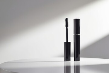 Obraz premium A sleek black mascara mockup with a glossy finish, standing upright on a minimalist white surface with soft lighting and clean background