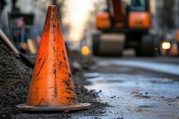 Orange traffic cone on a road. A close-up image for road construction, street work, and safety.