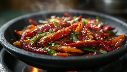 Vibrant red peppers sizzling with spices in a traditional stone bowl on a warm stove
