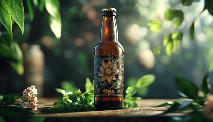 A crisp and refreshing beer bottle mockup surrounded by lush greenery in a natural setting