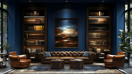 Cozy library with leather furniture and a large painting.