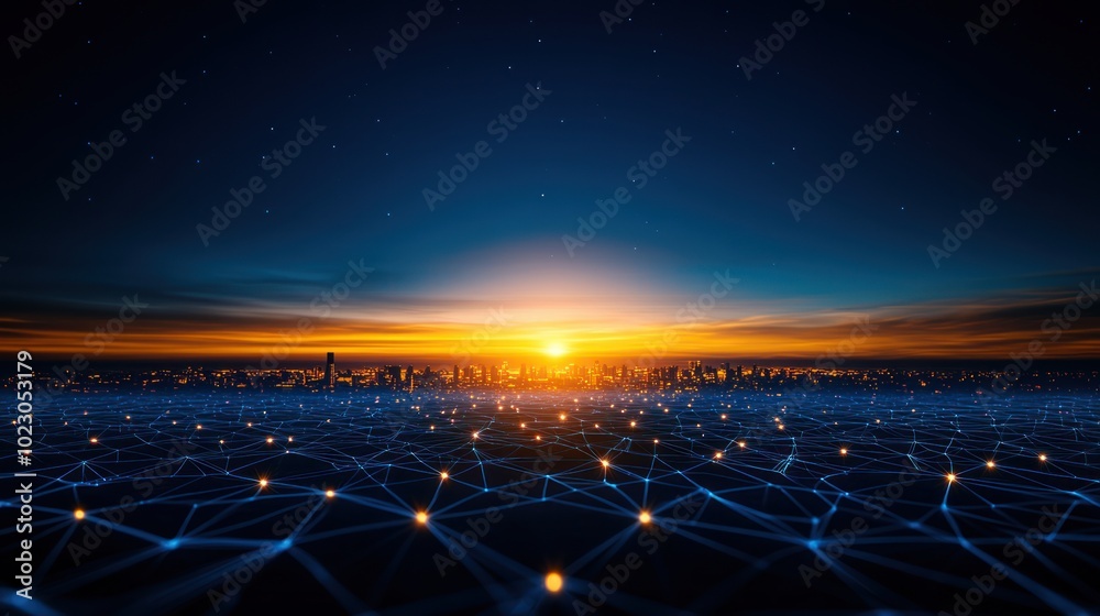 Poster sunrise over a connected city skyline with network patterns