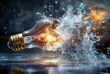 Exploding light bulb on dark background.